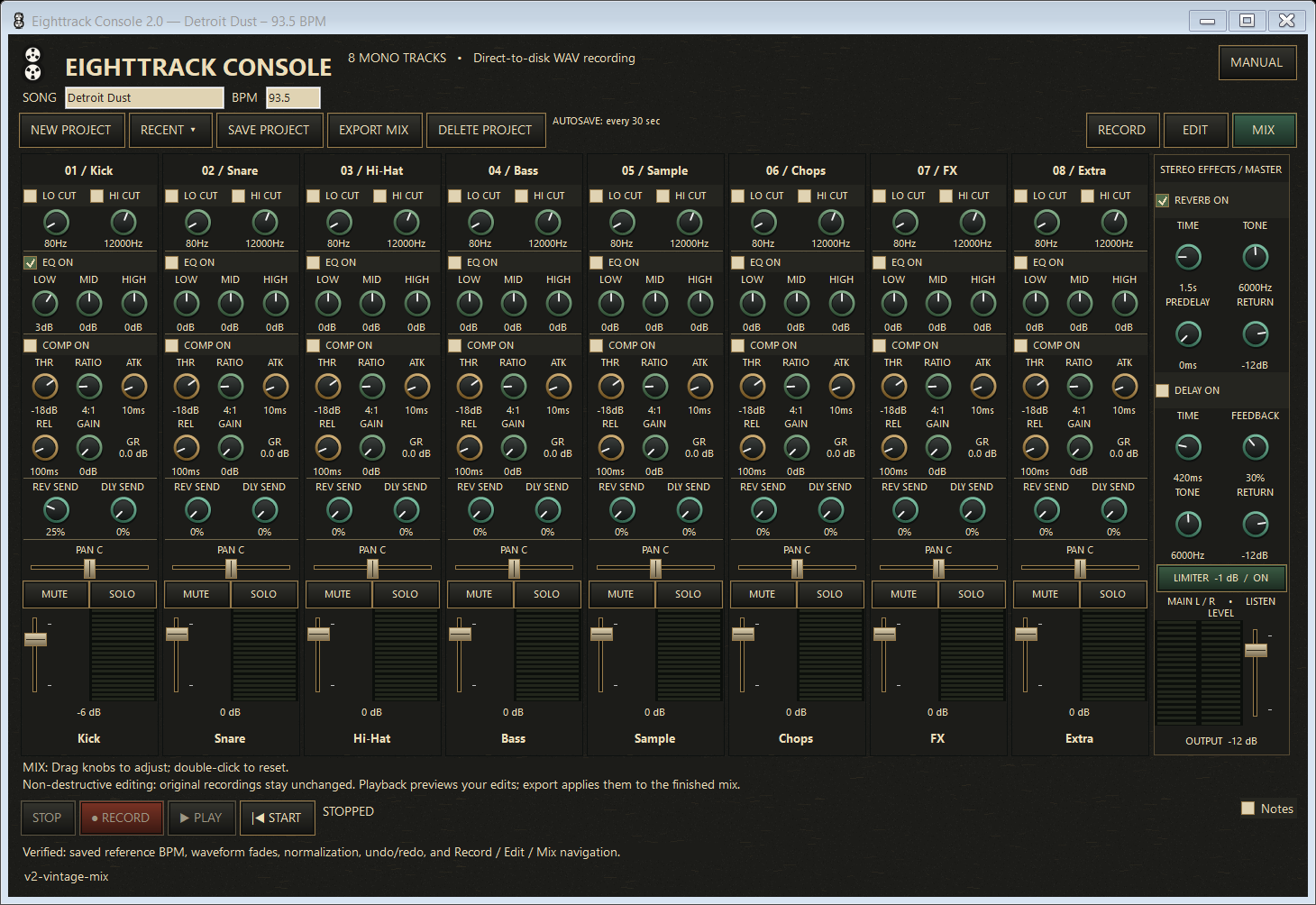 Eighttrack Console Vintage Mix view showing eight channel strips, EQ, compression, sends and stereo master